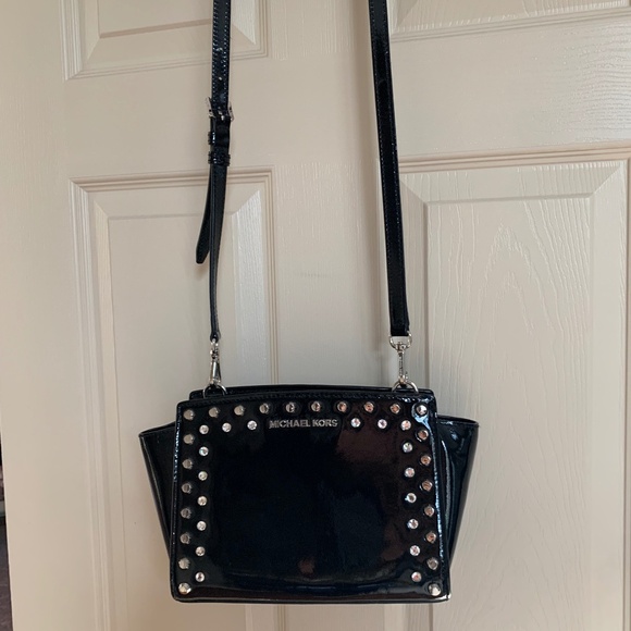 Michael Kors Black Patent Leather Embellished Crossbody Handbag - Picture 1 of 9